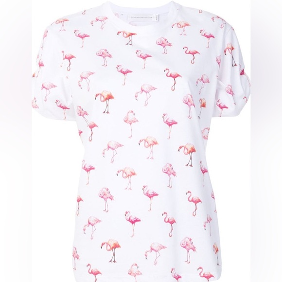 Victoria Beckham Flamingo Print T-Shirt Knot Sleeves 100% Cotton - Picture 1 of 10